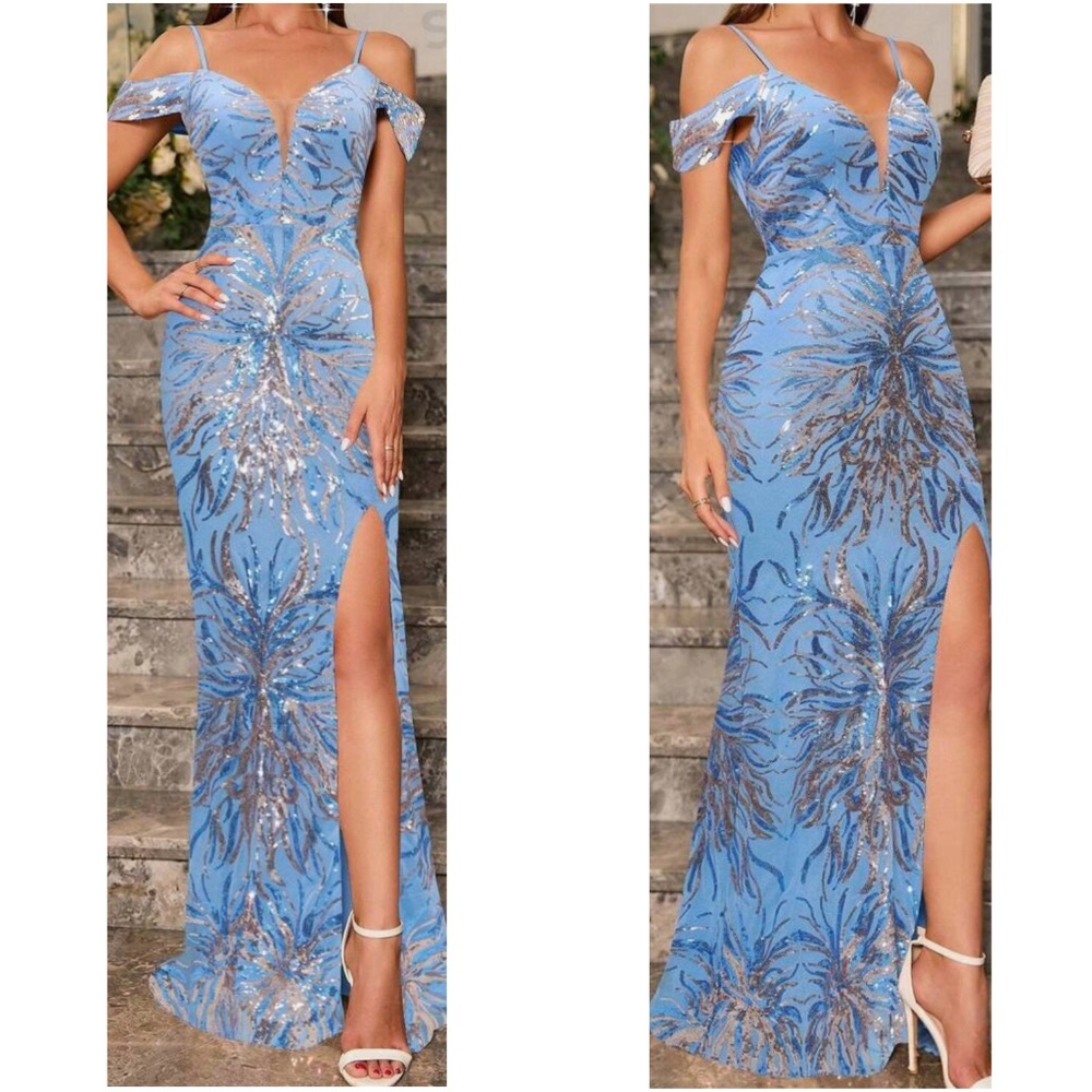 Luxe Navy Blue Sequin Cold Shoulder Party Evening Wedding Prom Dress - Picture 11 of 13